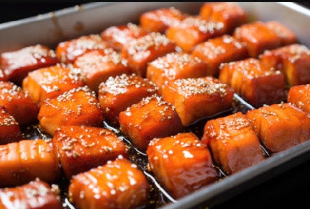Cubos de Salmón marinados Teriyaki spicy Ajo rostizado 454 gr.